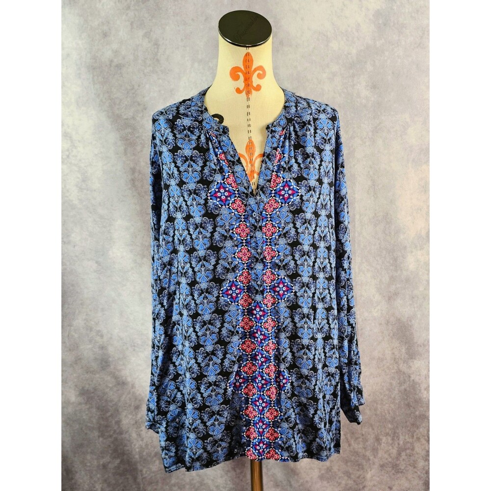 Cato Women's Plus 26/28W Black Blue Paisley Tunic Blouse 3/4 Sleeve 100% Rayon